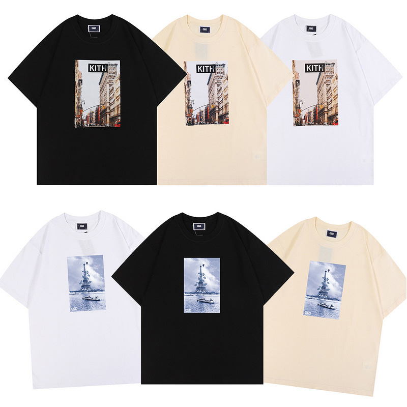

2022FW High Street INS Tide Brand Kith Men's T-shirts Classic Tower High-Rise Print Tee Men and Women Loose Couple T-shirt Round Neck Short-sleeved Tops, 7 black