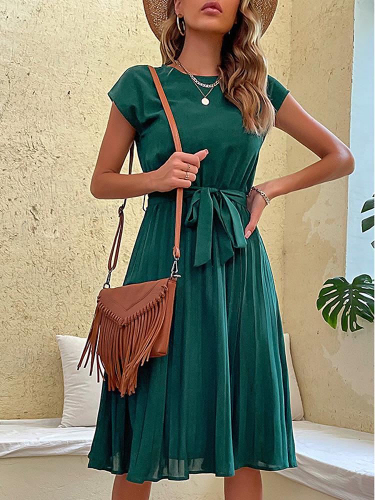 

Liti Dress Summer Plus Size Womens Lace Up Solid Pleated, Dark green