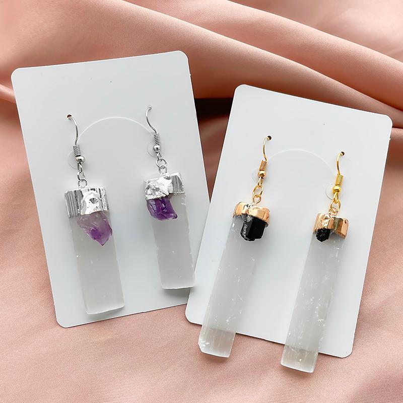 

Dangle & Chandelier Trendy Gypsum Crystal Black Tourmaline Amethyst Energy Pendant Long Bar Stone Pillar Earrings For Women Natural Earrings
