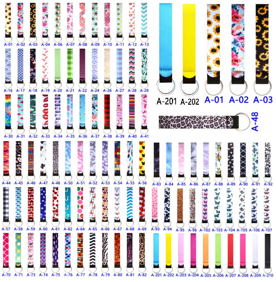 

Neoprene wristlet keychain colourful printed wrist key belt sunflower strip leopard lanyard key ring long diving material keychains