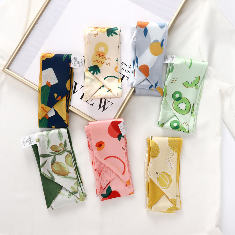 

Summer Long Skinny Silk Hair Ribbon Scarf Foulard Sac Woman Fruit Designer Bandana Head Scarves for Women Neckerchief