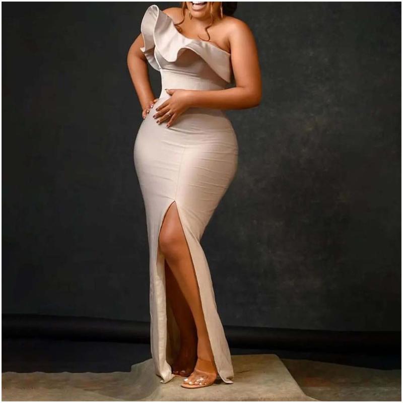 

Casual Dresses Maxi Dress Women Champagne Ruffle Tube Top Mermaid Swing Slit Sexy Event Celebrity Elegant Evening Summer 2022Casual