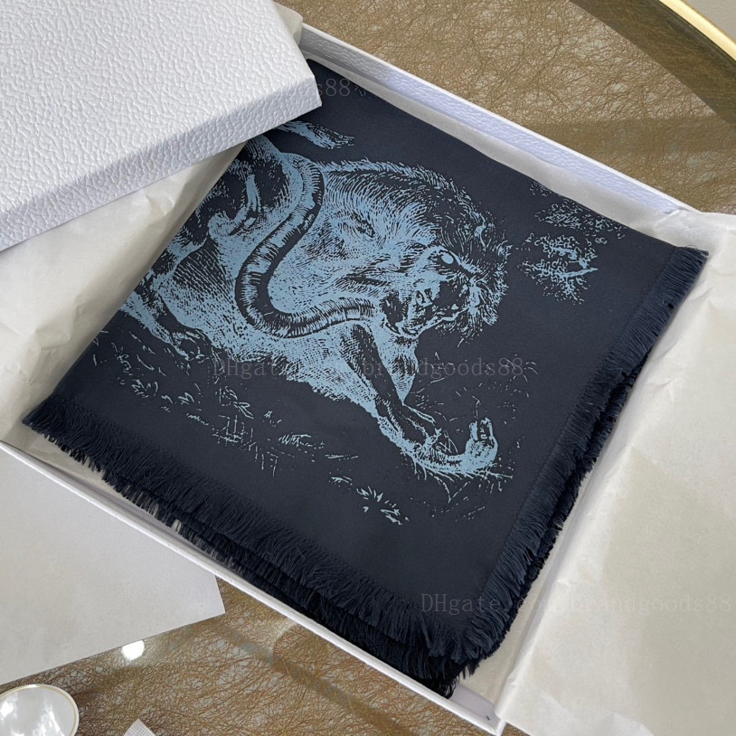 

Fashion luxury kerchief High quality Dark blue animal pattern Scarf luxurious Woman Designer Scarves Women's hemming hair scarf scrunchies tassels