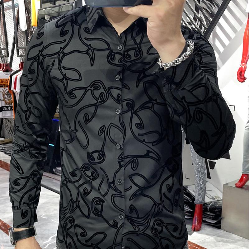 

Men's Casual Shirts Trend Brand Business Vestido Social Club Dress Shirt Autumn Men Graffiti Flocking Long-sleeved 5xl MenMen's, Black