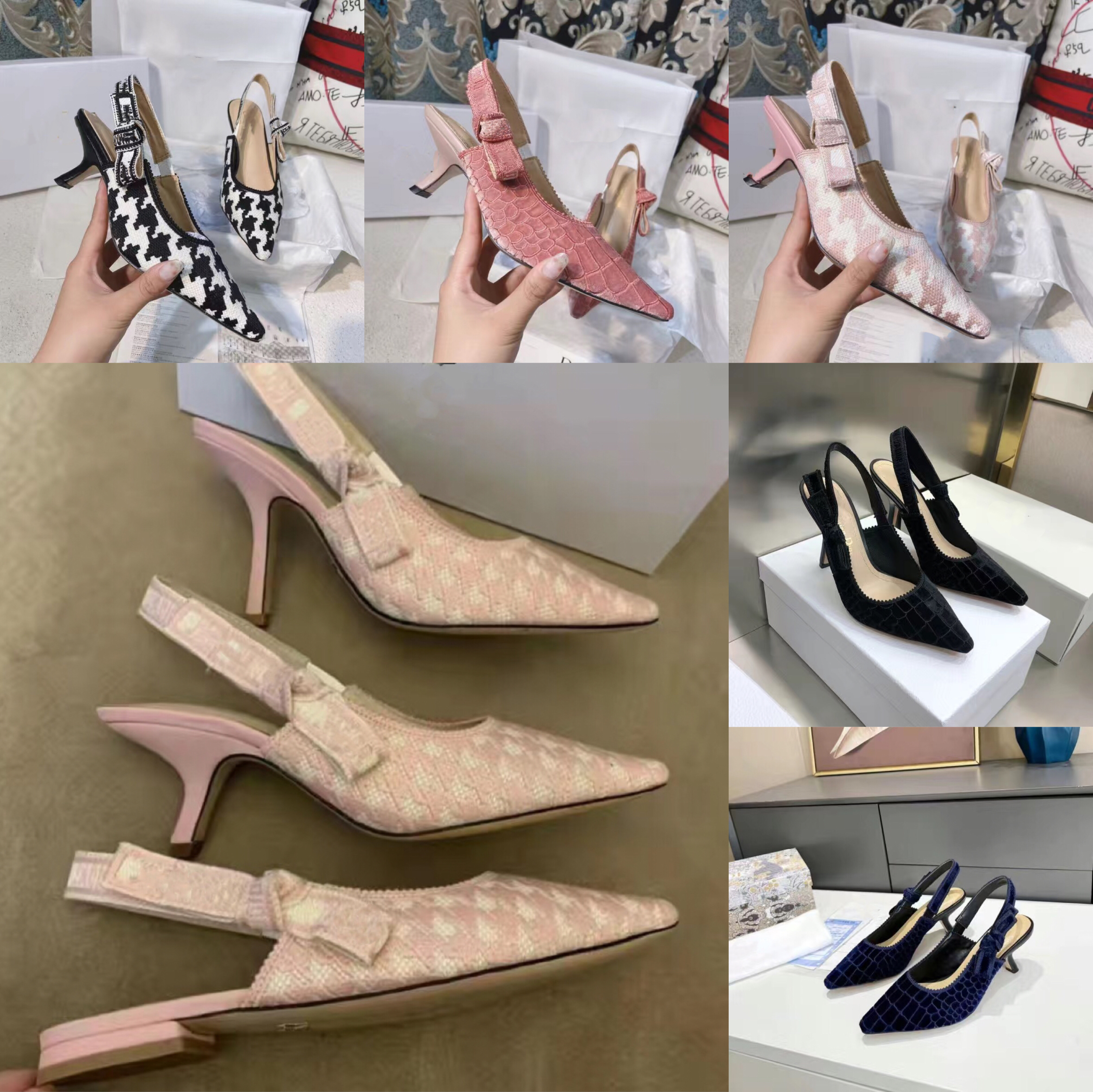 

2022 women's sandals designer houndstooth heels embroidered velvet dress shoes ballet shoes wedding party satin leather pointed toe stiletto boots, Box