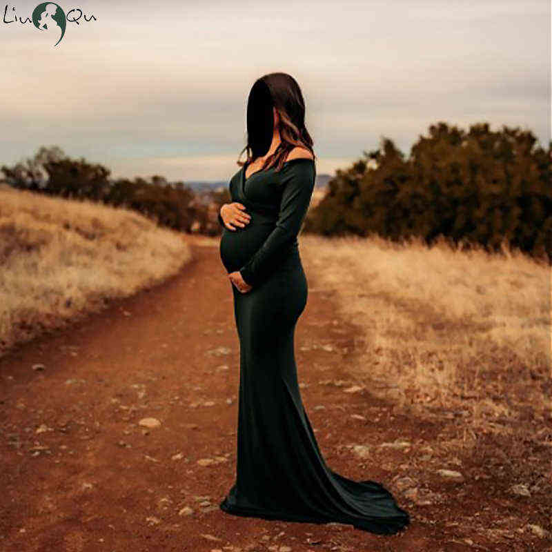

Women' Off Shoulder Maternity Slim Fitted Gown Cross-Front V Neck Wrap Ruched Long Sleeve Pregnancy Maxi Photography Dress G220418, Pic