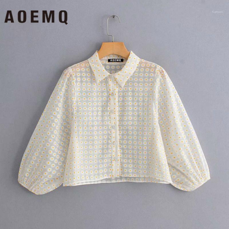 

Women' Blouses & Shirts AOEMQ Relax Blouse Breathable Preppy Sweet Girl Wear Sun Flower Daisy Floral Print Transparent Women Clothing, Beige