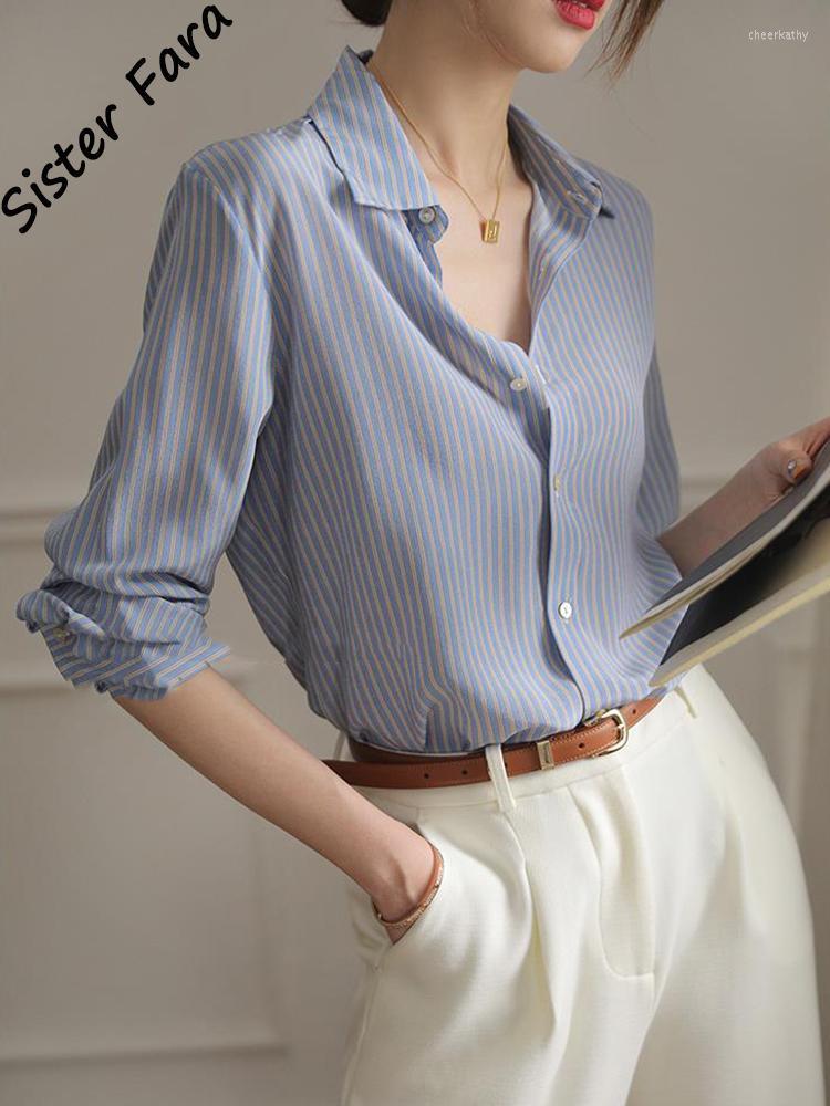 

Women's Blouses & Shirts Sister Fara Blue Striped Silk For Women Spring Loose Long Sleeves Casual Shirt Autumn Ladies Single Breasted TopWom