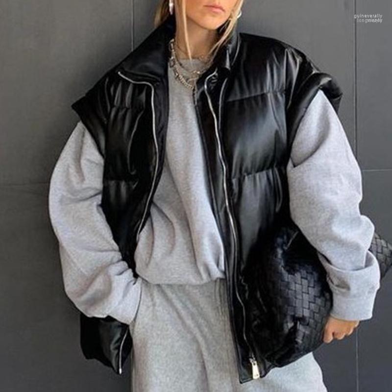 

Malina Fashion Loose Stand Collar Vests Women Elegant Solid Black Pockets PU Leather Coats Casual Zipper Ladies1 Guin22