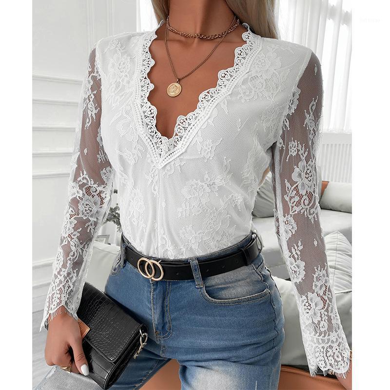 

Women' Blouses & Shirts Sexy V-neck Top 2022 Fashion Lace Wave Neck Stitching Long-sleeved Shirt Bottoming, White