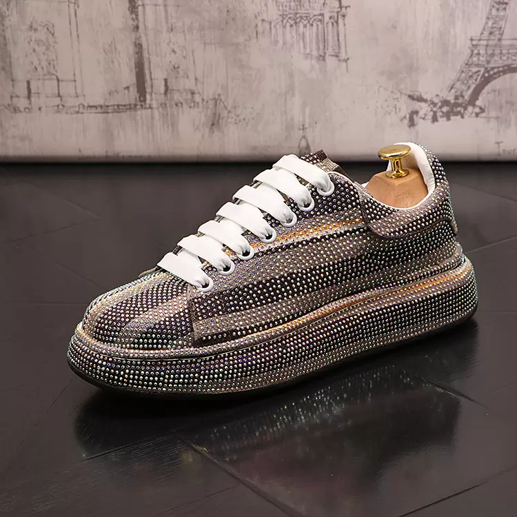 

Luxury Designer Diamond Spiked Dress Wedding Shoes European Style Rhinestones Thick Bottom Party Driving Loafers Spring Autumn Vulcanized Casual Sneaker, Blue