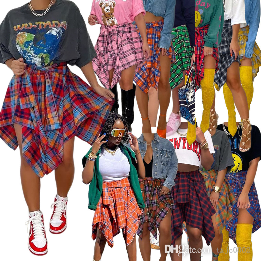 

2022 Fashion Irregular Plaid Skirt Designer Womens Shirt Dresses Tied Sleeve Shirts Girls Sexy Mini Skirts, Orange