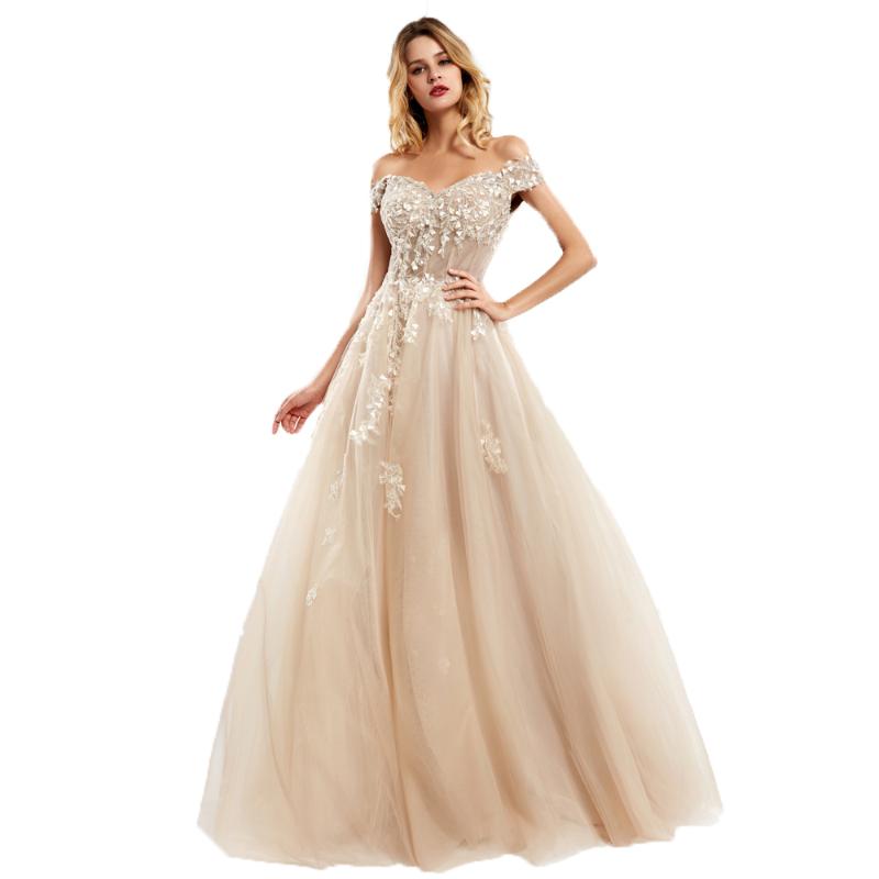 

Party Dresses Off The Shoulder Lace Evening Long For Women 2022 Champange A-Line Sleeveles Prom Gown Reception ElegantParty, Ivory