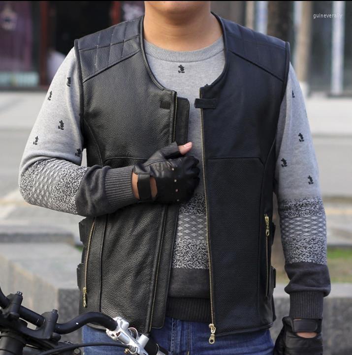 

Men' Vests Mens BONJEAN Genuine Leather Open Collar Biker Vest Motorcycle Sleeveless Jackets Handmade Zipper Thick For Men Guin22, As pic