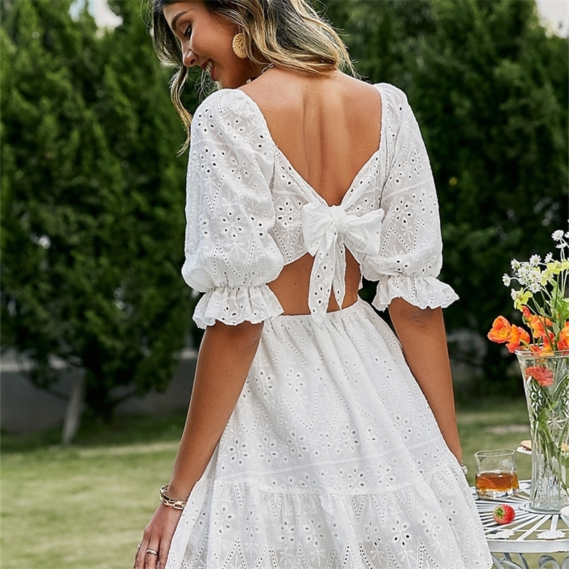 

Cotton lace up hollow out summer white dress women Holiday casual high waist ruffled mini dresses A-line frills vestido 220418, Pink