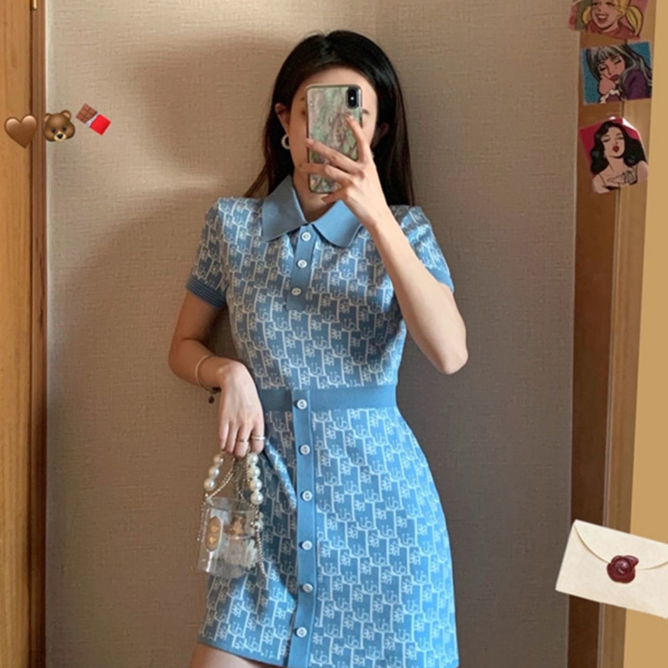 

Polo Collar Skirt Korean Print Dress Elegant Blue Female 2022 New Women Summer Temperament Thin Versatile Waist Closing, 4.22-10 blue