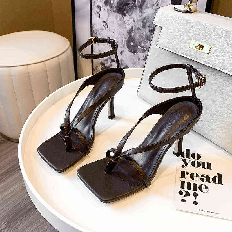 

High Heeled Sandals Fairy 2022 Thin Heel Versatile One Line Buckle Black Fashion Clip Toe Shoes Summer, Black 7cm