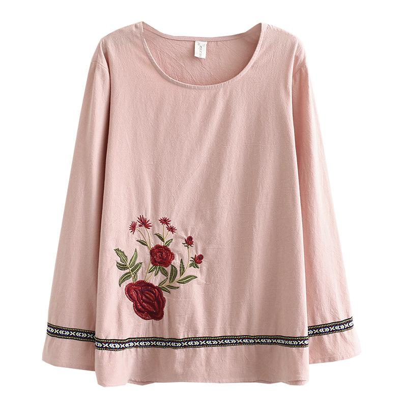

Women's Plus Size T-Shirt Woman Autumn Ladies Floral Tops Female Long Sleeve Tshirt Loose Washed Cotton Embroidered Clothing J3 0122Women's, Green