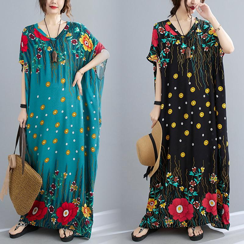 

Plus Size Dresses BIG Summer Women Fashion Elegant V Neck Print Tops Ladies Female Large Long Loose Beach Casual Flower Cotton Dress, Black