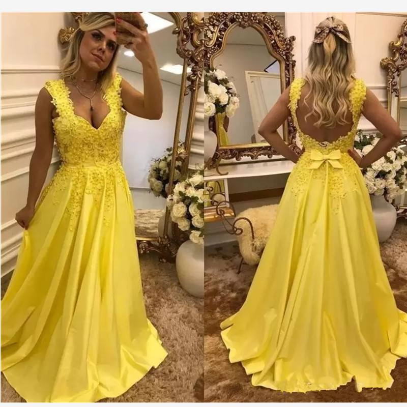 

Generous A-Line Yellow Prom Dresses Deep V Neck Satin Lace Appliques Pearls Bow Backless Sweep Train Evening Dresses Party Gowns, Ivory