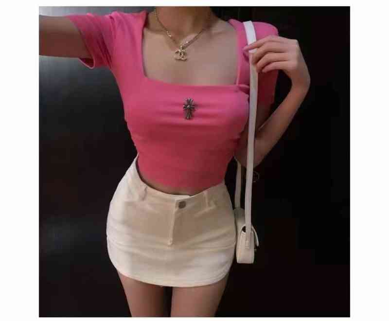 

Factory Online Export Designer Brand Short Sleeves Ch2022 Summer New Style Square Neck Sleeve Cross Simple High-grade Two Side Fold Design Slim Top, Black