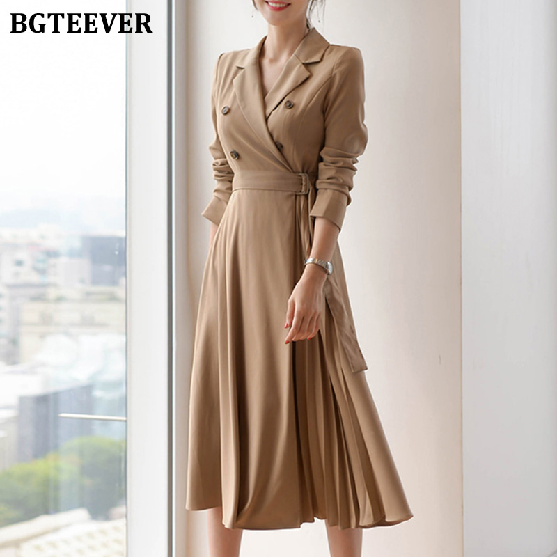 

Elegant Notched Collar Women Midi Dress Double Breasted Long Sleeve Belted Female Pleated Dress 2022 A-line Vestidos, Apricot