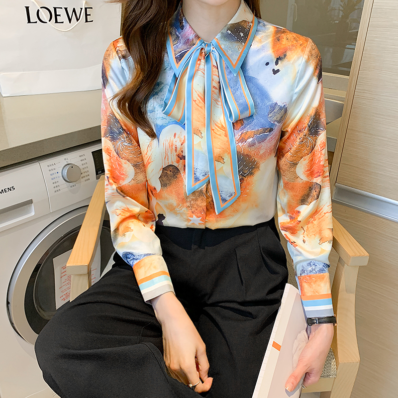 

2022 Ribbon Bow Women Button Up Blouses Long Sleeve Lapel Silk Print Shirt Urban Elegant Office Ladies Designer Shirts Spring Autumn Woman Clothes Tops and Blouse, 13