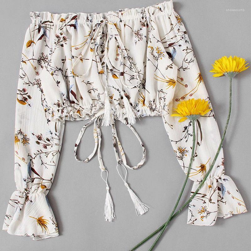 

Women' Blouses & Shirts Women Blouse 2022 Fashion Floral Pleated Off Shoulder Top Long Sleeve Short Lady Office Strapless Casual Shirt, Red