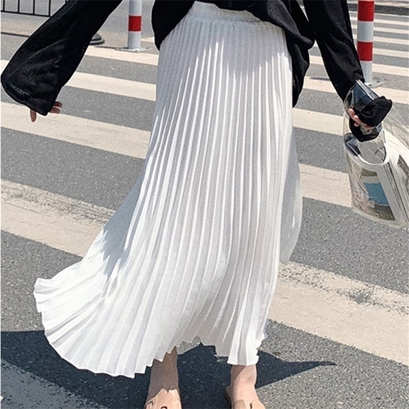 

Womens Fashion Pleated Midi Long Skirt Female Korean Japanese Casual High Waist Skirts Jupe Faldas 10 Colors 2021 Spring SK295 220418, Khaki