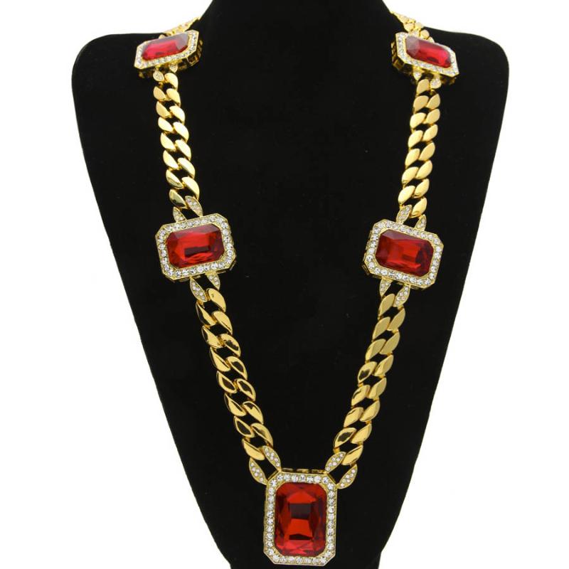 

Chains Hip Hop Bling Iced Out Fully Diamante CZ Necklaces Cool Jewelry Men Big Red Stone Miami Cuban Link T Show Chain NecklaceChains