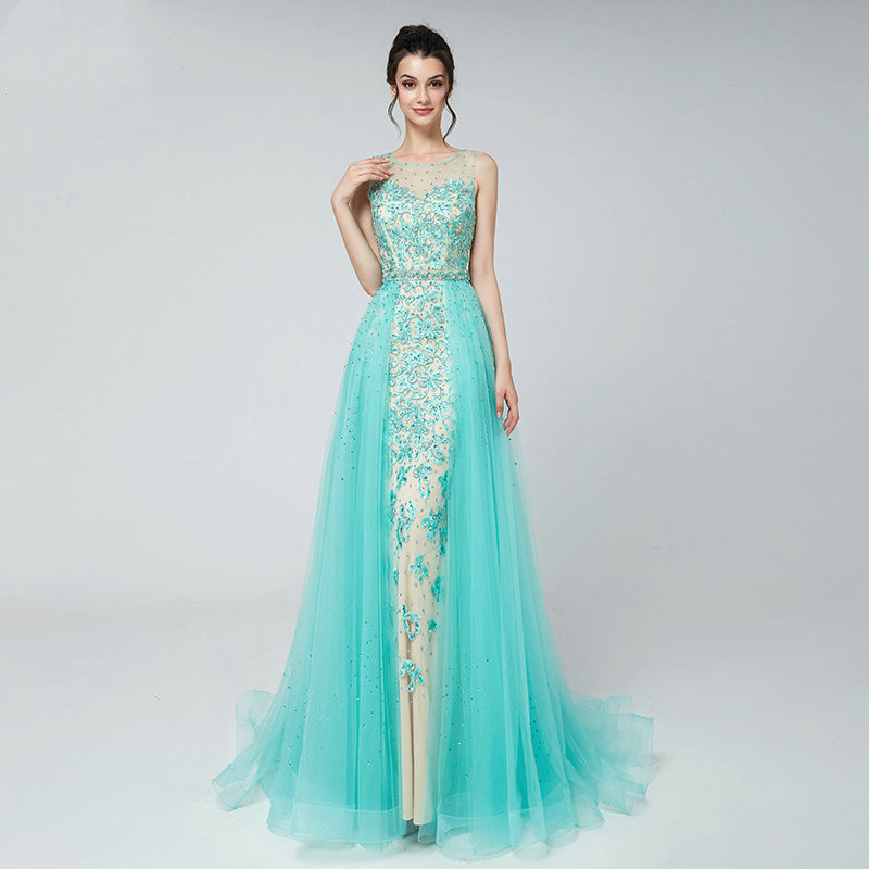 

Handmade Hot Drill Lace Tulle Mermaid Prom Dresses Sheer Neck Sleeveless Zipper Back Women Wear Special Vestidos for Evening Party Banquet, Same as image