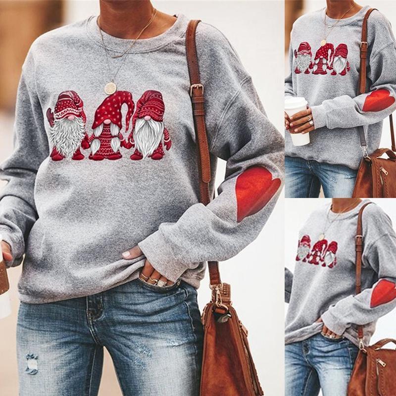 

Women' Christmas Three Santas Print Round Neck Arm Love Sweatshirt Light Grey Hoodies & Sweatshirts, As pic