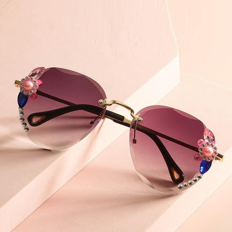 

Sunglasses Round Women 2022 Purple Pink Shades For 90s Rimless Rhinestone Sun Glasses Gradient Frame