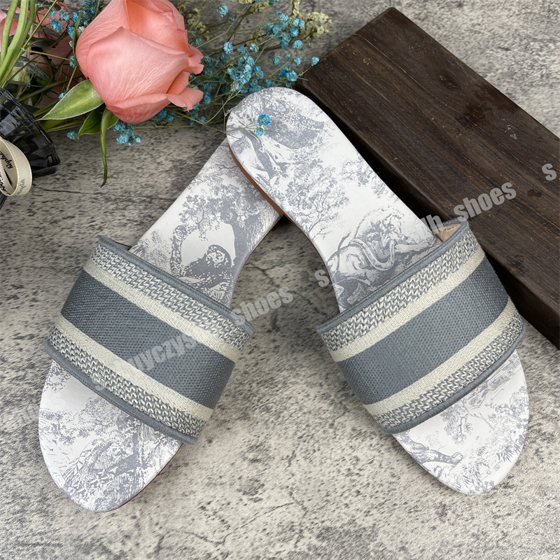 

2022 Women luxury Designer Sandals Slippers Leather Summer Flat Slipper Embroidery fashion beach woman Big head Rainbow letters 35-43 With Box