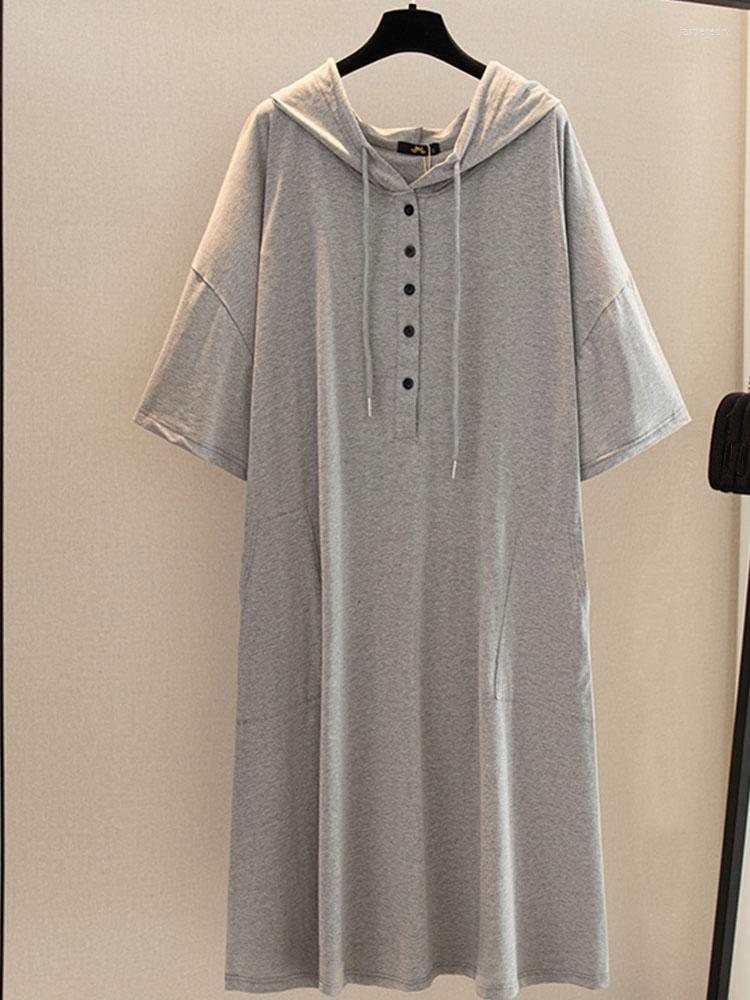 

Plus Size Dresses Summer Casual Solid Dress Women Short Sleeve Hooded T-Shirt Korean Sport Cotton Vestidos FemininasPlus Jasp22, A0848-gray