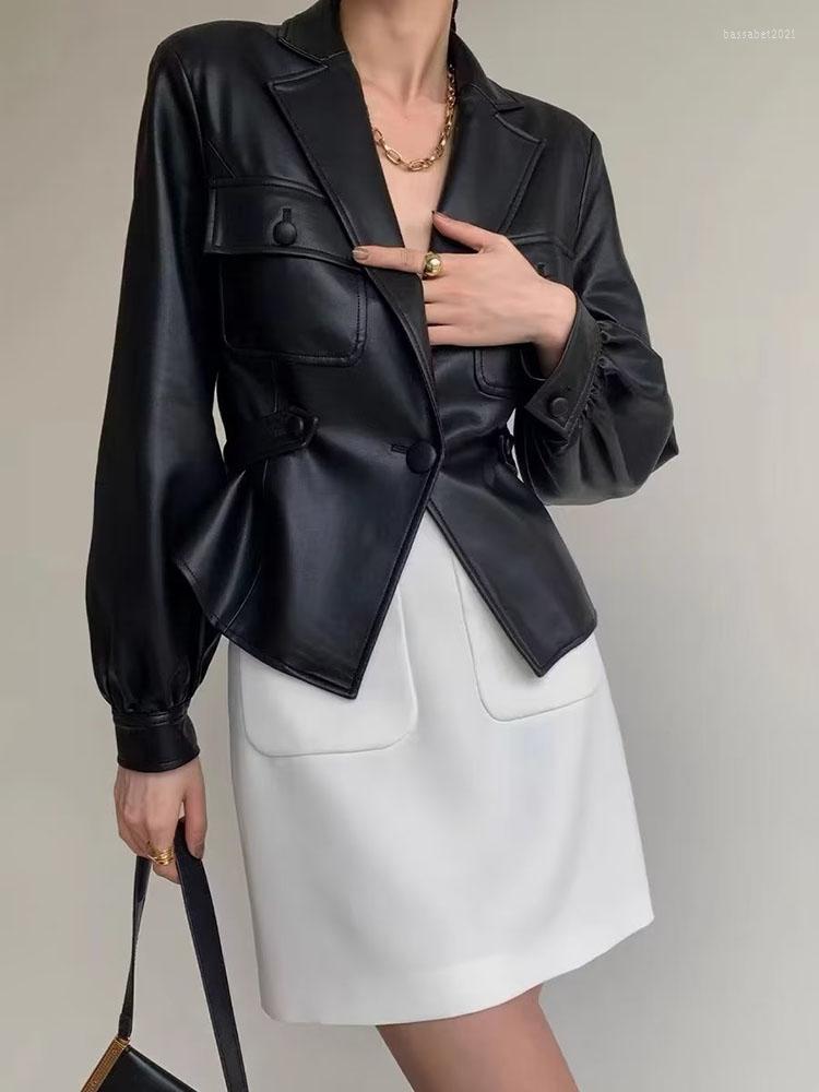 

Women's Leather & Faux Fall 2022 Women Fashion Black Blazer Vintage Long Sleeve Button-up Flap Pockets Female OuterwearWomen's