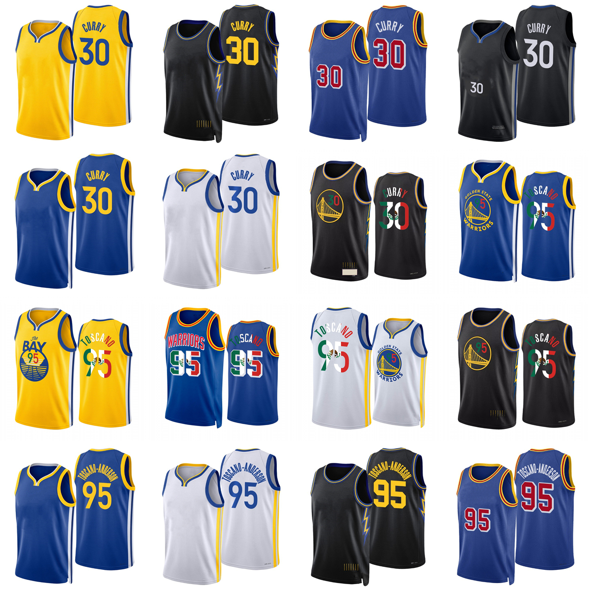 

Printed 2022 New City Basketball Stephen 30 Curry Jerseys 95 Juan Toscano-Anderson Jersey New Royal Special Mexico Edition Blue White Black Yellow man Jersey, Printed (with team logo)