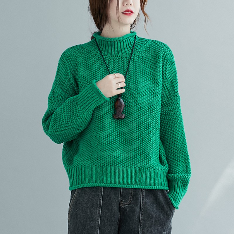 

Women Casual Sweaters New 2022 Autumn Winter Korean Style Vintage Turtleneck All-match Loose Female Knitted Pullovers, Green