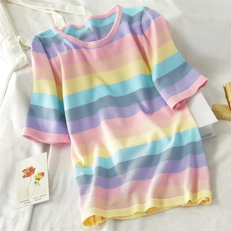 

Summer Rainbow women T shirt Harajuku Short Sleeve Korean Punk Tops Loose Tees Femme Color O Neck T Shirts Casual Student Y200412, Color as pic