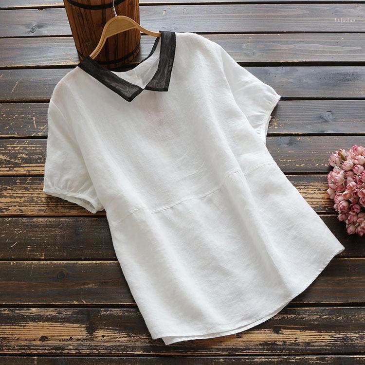 

Women's Blouses & Shirts 6399 Japan Style Loose Women Casual Linen Short Sleeve Shirt Organza Patchwork Turndown Collar Blouse, Orange
