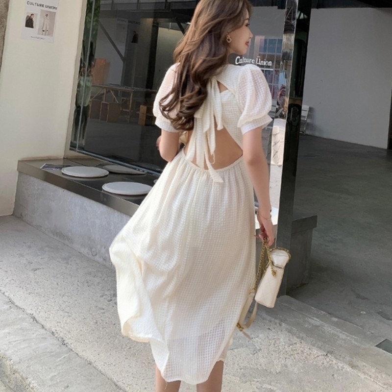 

Womens Chic Vintage White High Waist Square Collar Puff Sleeve ALine Dress Retro Elegant French Sexy Bow Backless Sweet F 210526, Photo color
