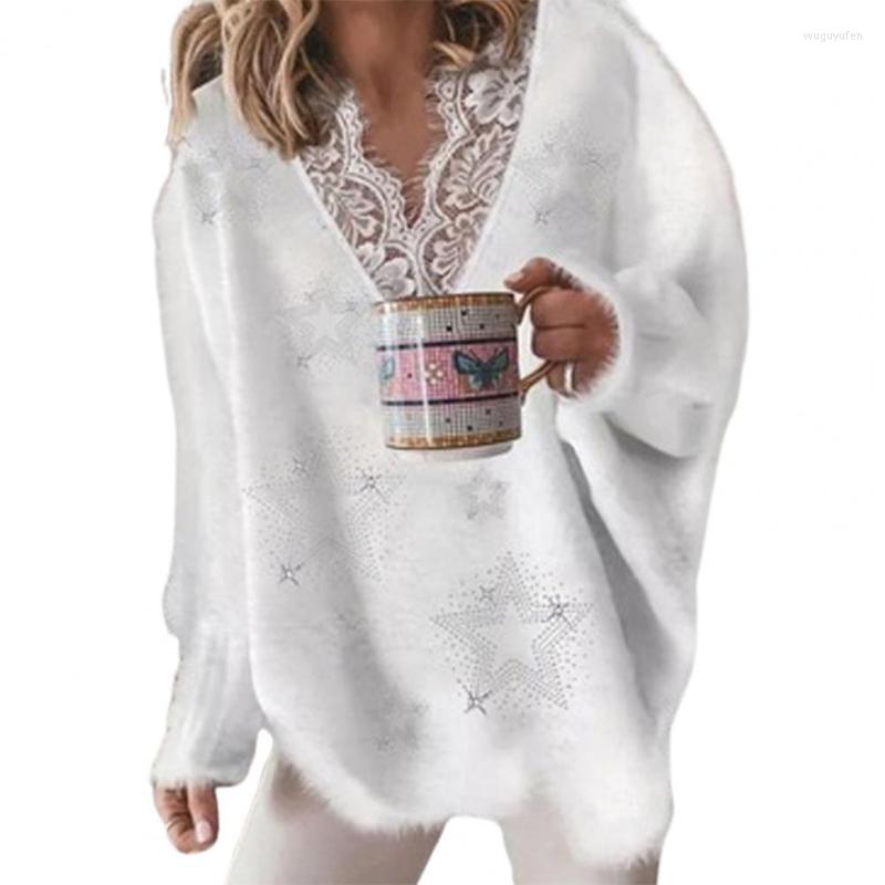 

Women's Sweaters Women Sweater 2022 Solid Color Lace Neckline Autumn Winter Five-pointed Star Pattern V Neck For Daily Wear, Pink