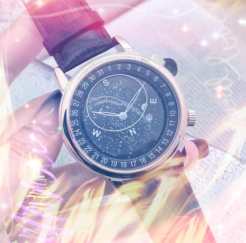 

Sky Blue Starry Automatic Date Men Watches Luxury Fashion Mens Leather Steel Belt Quartz Movement Male Time Leisure Sapphire glass mirror popular men's wristwatch, As pic