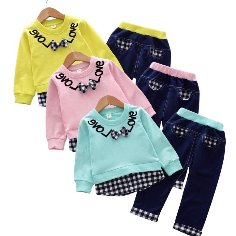 

Clothing Sets Spring Autumn Clothes For Girls Fake Two Plaid Shirt Top T-Shirt Pants 2Pcs/sets Infant Kids Casual Toddler TracksuitsClothing, Green