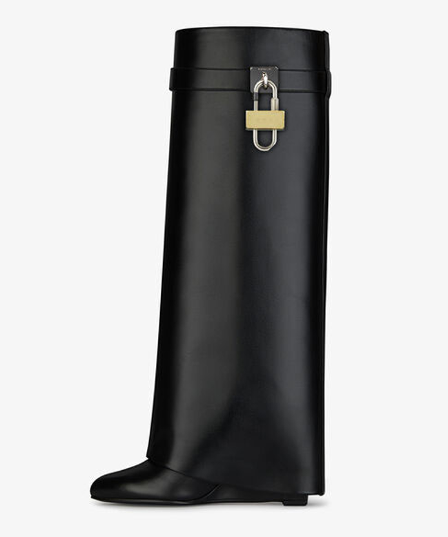 

Designer Luxury Women Boots Leather Silver Gold Asymmetric Metal Padlock Heel Height 9 cm Size 35-40, Box