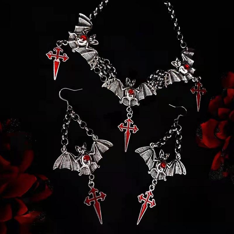 

Pendant Necklaces Halloween Dark Gothic Red Droplet Bat Earrings Necklace Jewelry Set Exaggerated Cross Fashion 2022Pendant