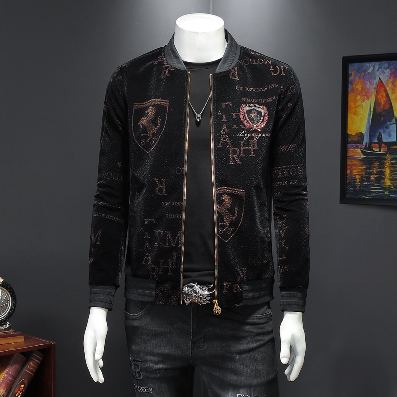 

2022 autumn and winter new embroidered suede jacket trendy men's tops handsome baseball uniforms heavy crafts fashion print coats, Black