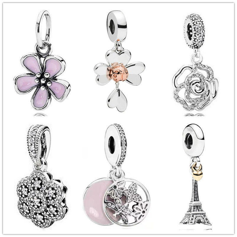 925 Sterling Silver Dangle Charm New Pink Flower Beads Bead Fit Charms Bracelet DIY Jewelry Accessories