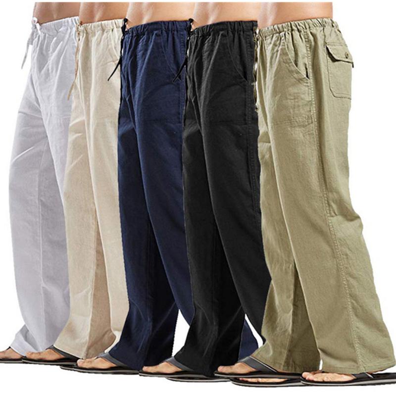 

Men's Pants Summer Linen Trousers Men Casual Straight Loose Elastic Waist Sweatpants MaleMen's, Black