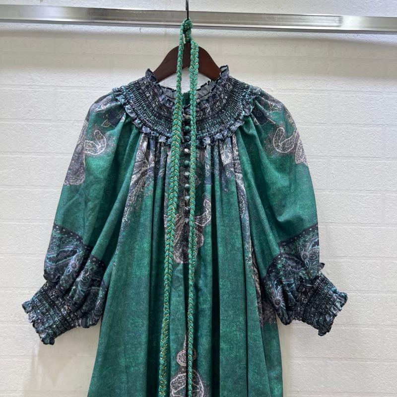 

Casual Dresses Summer Ethnic Ladies Printed Cotton Linen Bubble Short Sleeve Long Dress With BeltCasual, Green